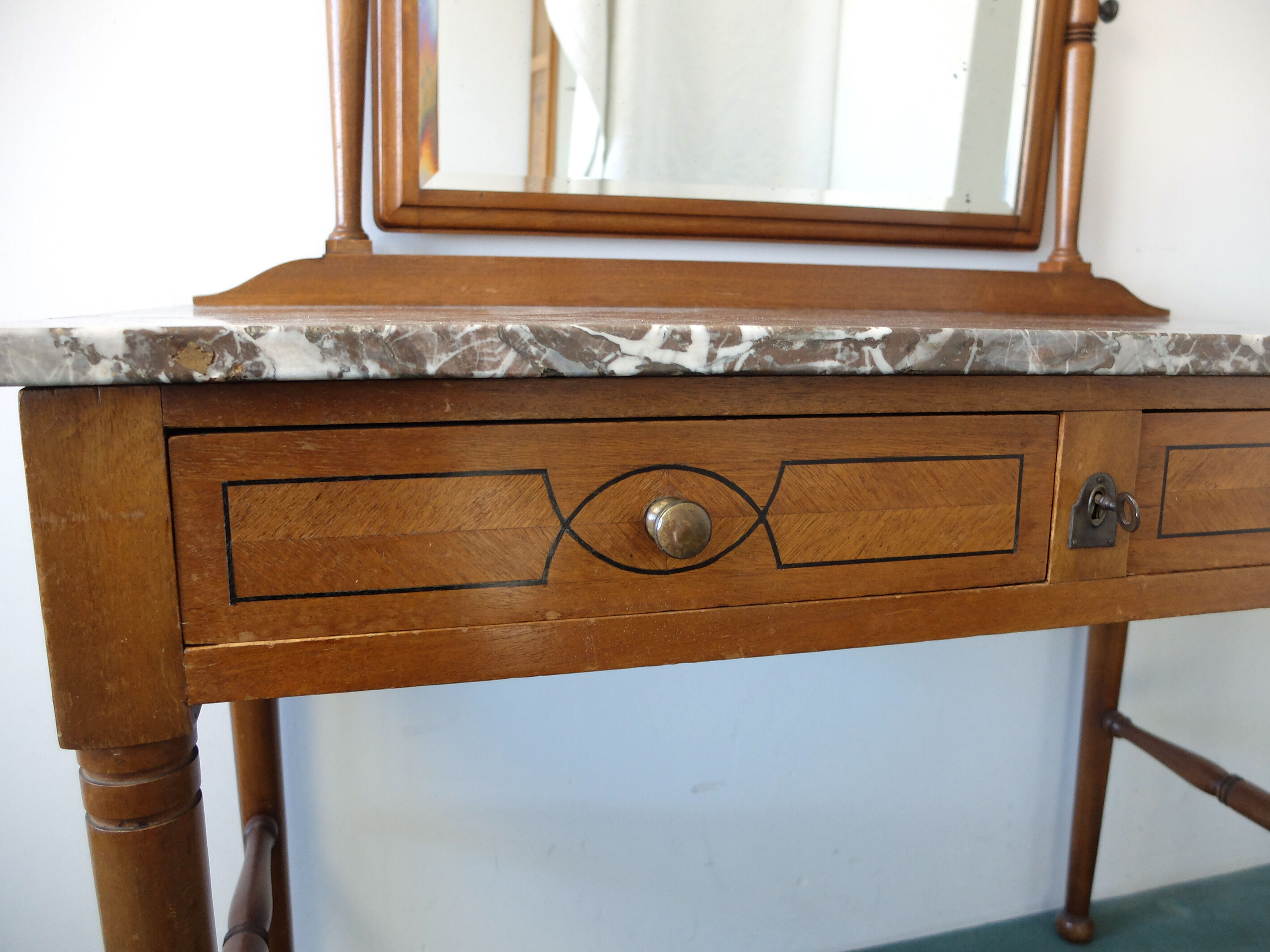 Belgian Art Deco dressing table with marquetry, red marble top, 1920-1930