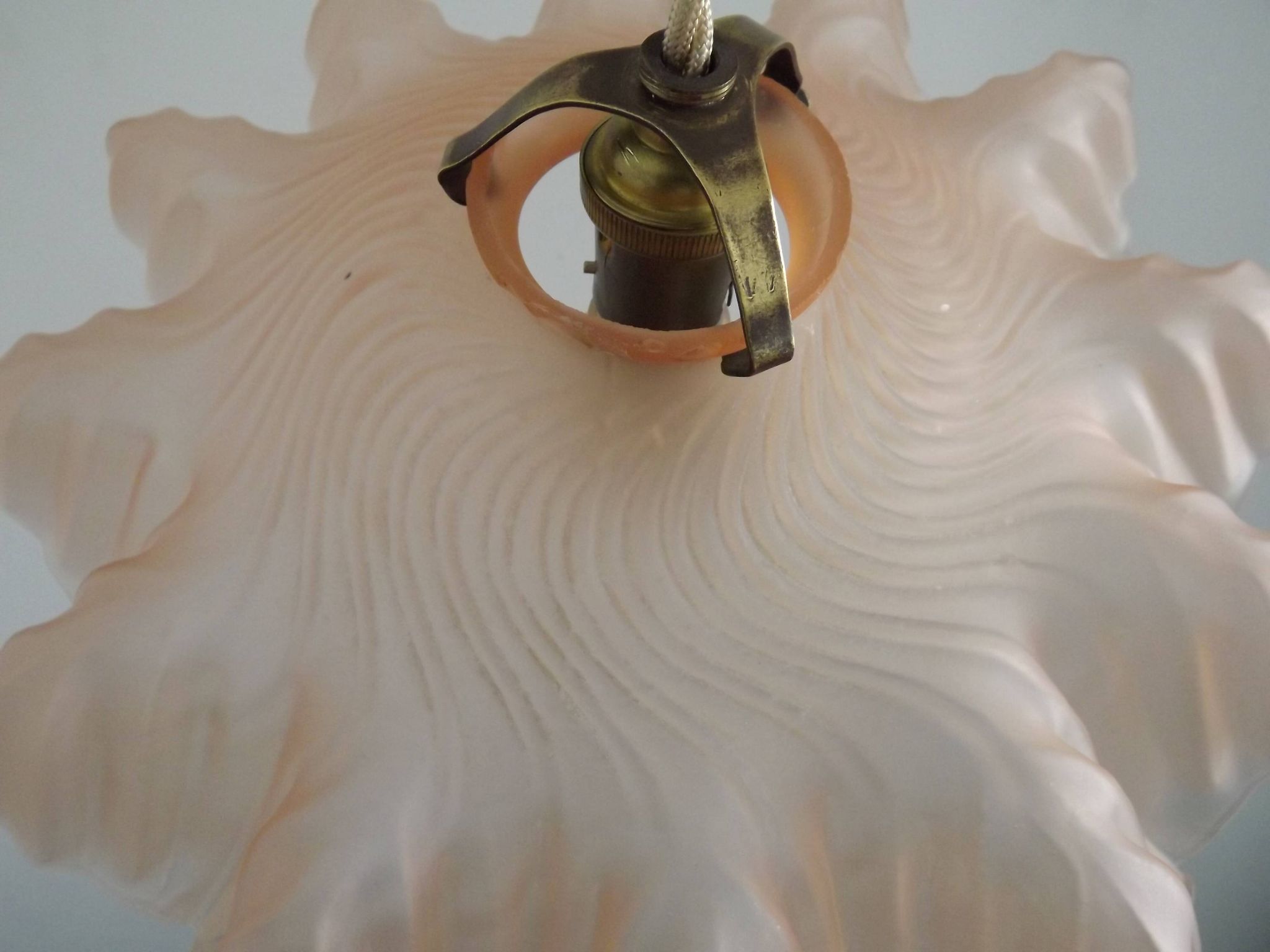 French Vintage 1930s Pink Frilled Glass Shade Hanging Light Brass Fittings