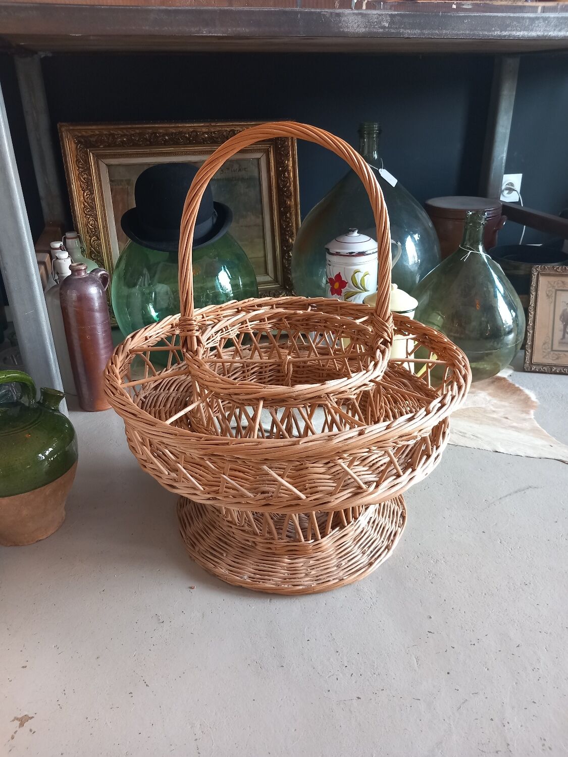 Wicker basket for glasses and bottles. Vintage