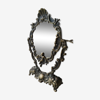 Miroir de table psyché inclinable, motifs angelots/puttis, en laiton finition bronze