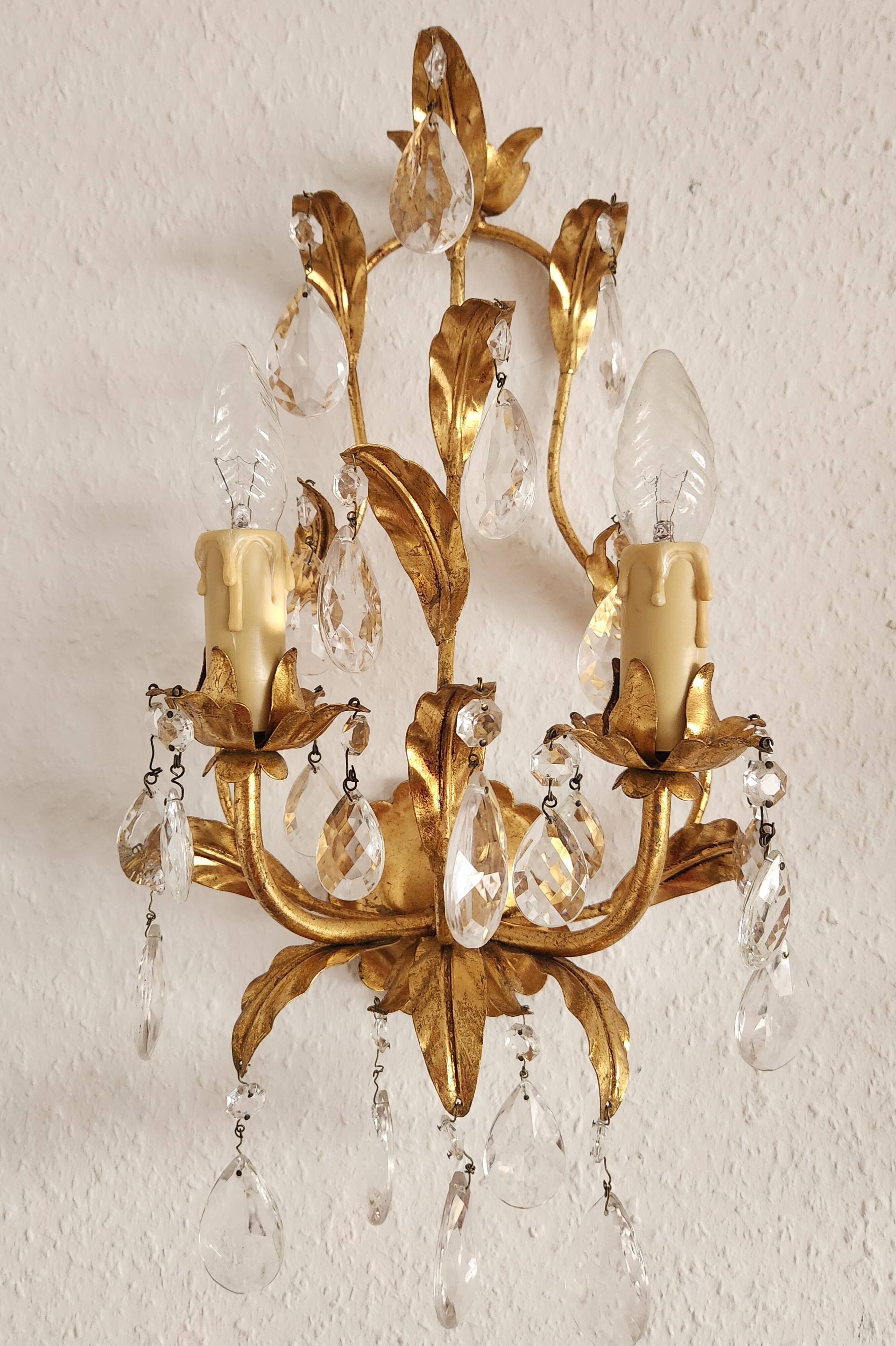 Hand-forged wall lamp gilded with gold leaf and crystals, Italy