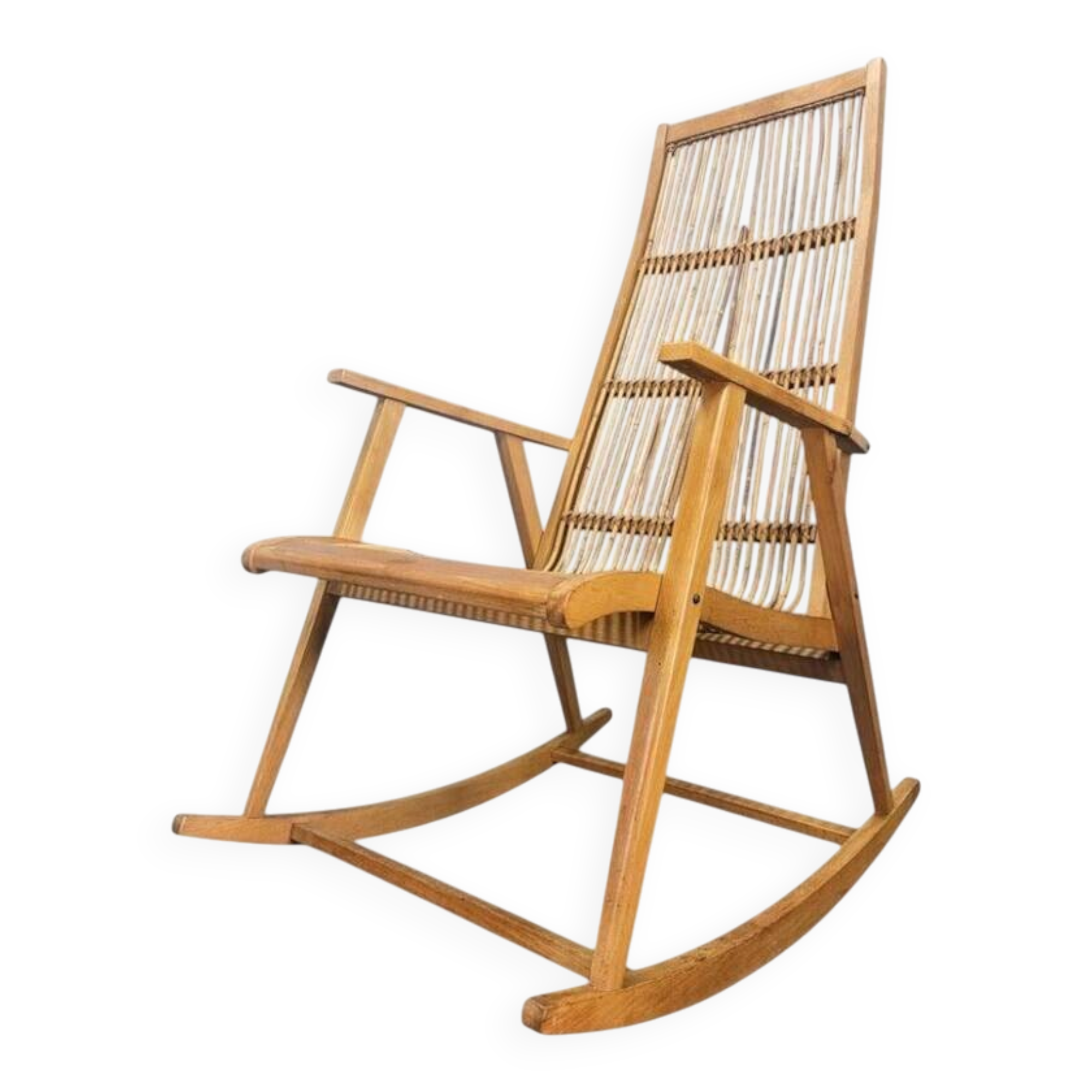 Rare Midcentury Wood and Rattan Rocking Chair, Denmark, 1960s