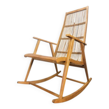 Rare Midcentury Wood and Rattan Rocking Chair, Denmark, 1960s