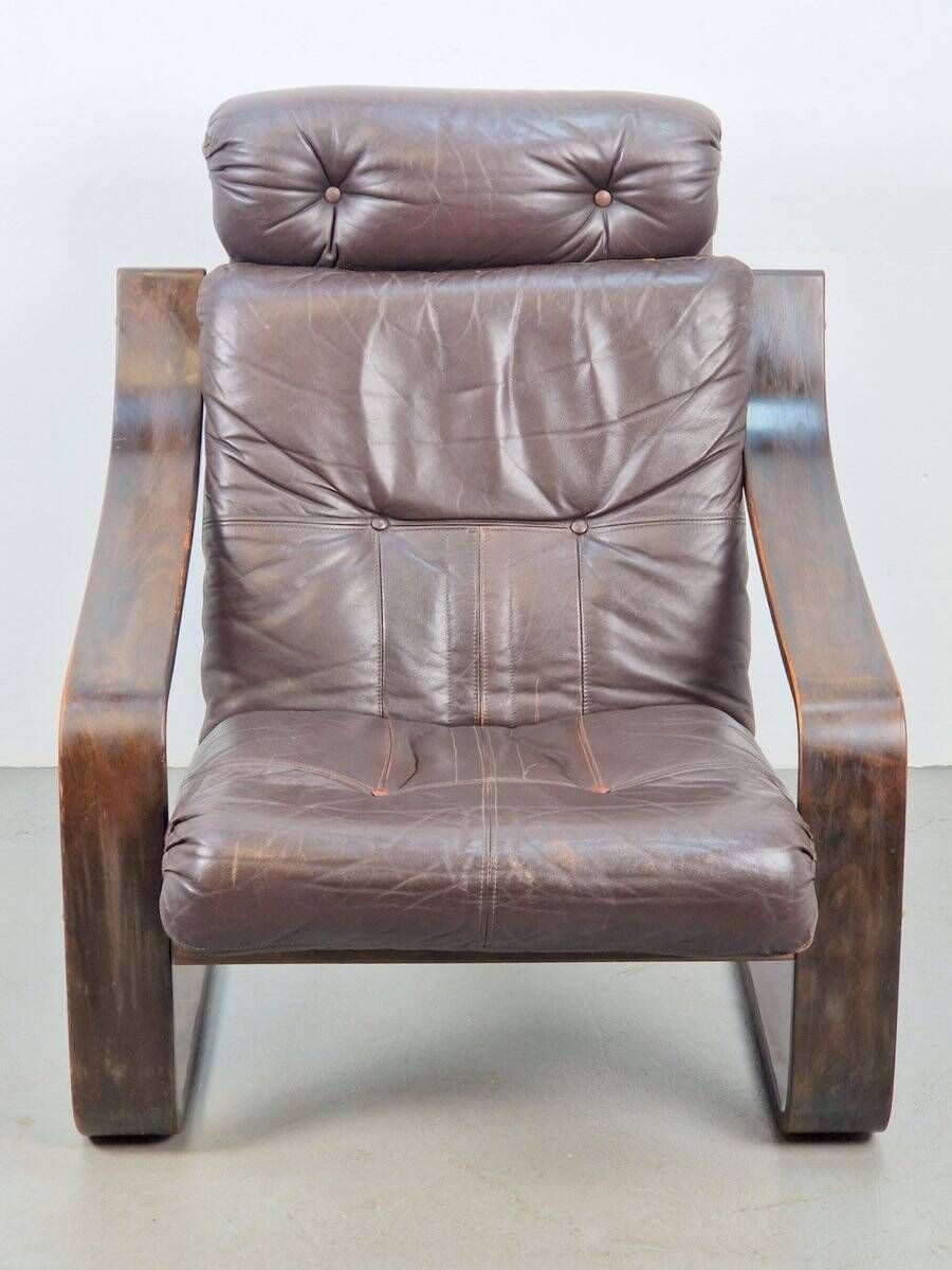 Vintage Armchair in Brown Leather and Bentwood attributed to Coja, 1970s