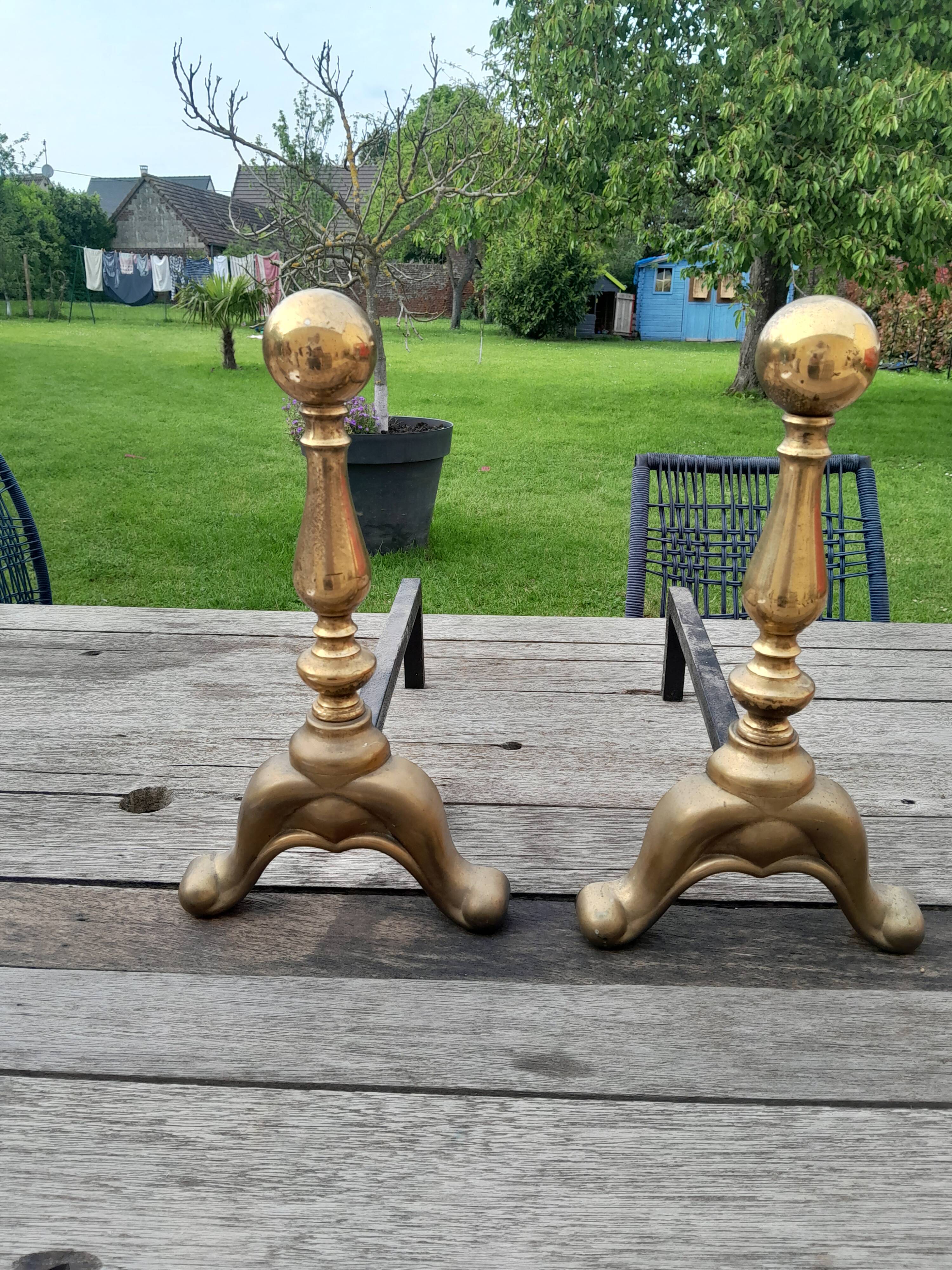 Pair of old brass chenets