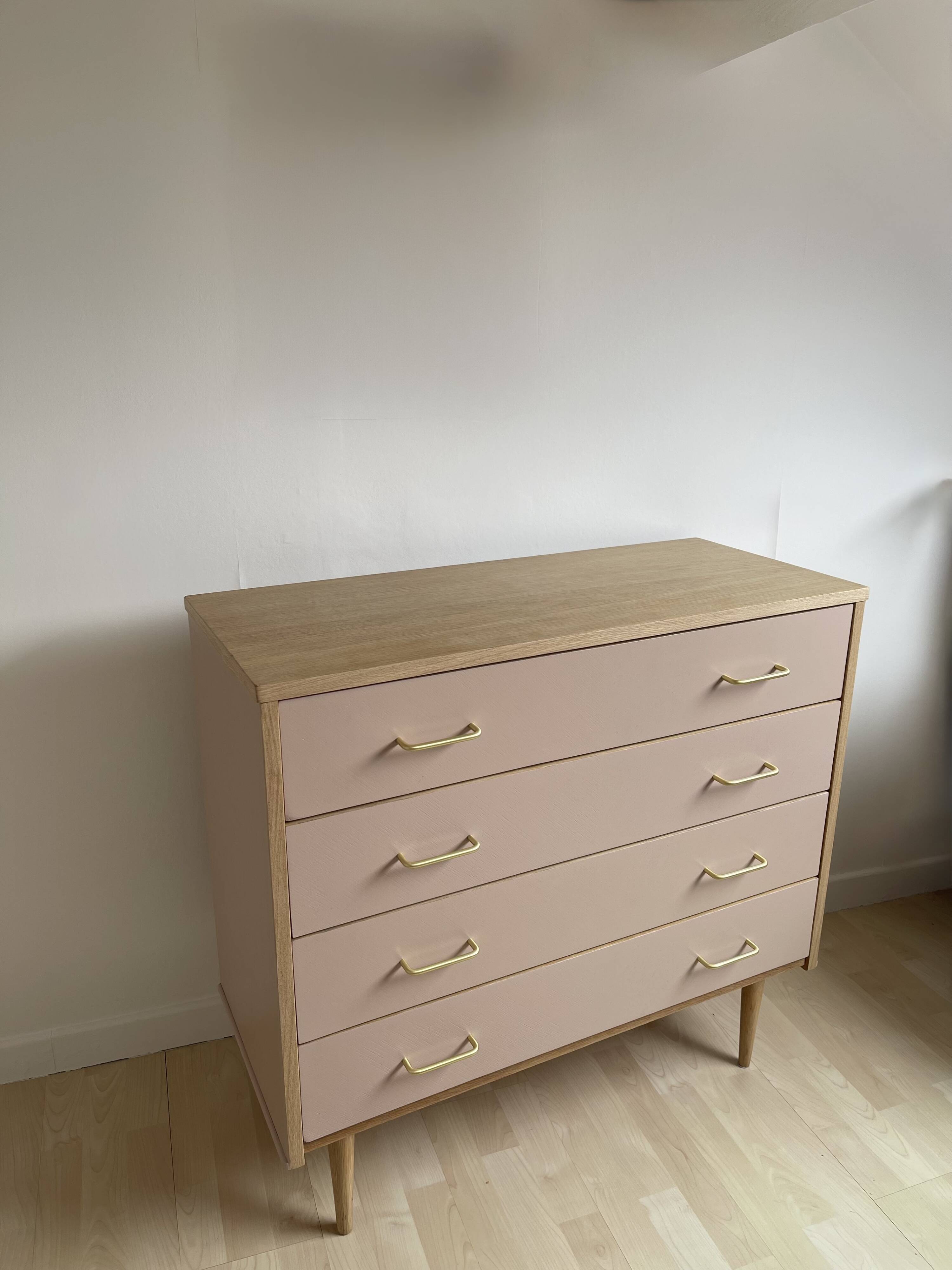 Pink tapered leg chest of drawers