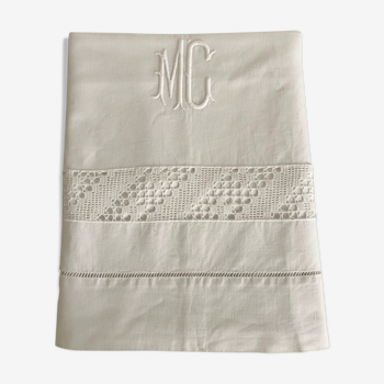 Old linen, sheet with lace and monogram MC