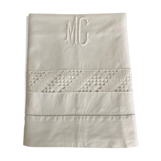 Old linen, sheet with lace and monogram MC