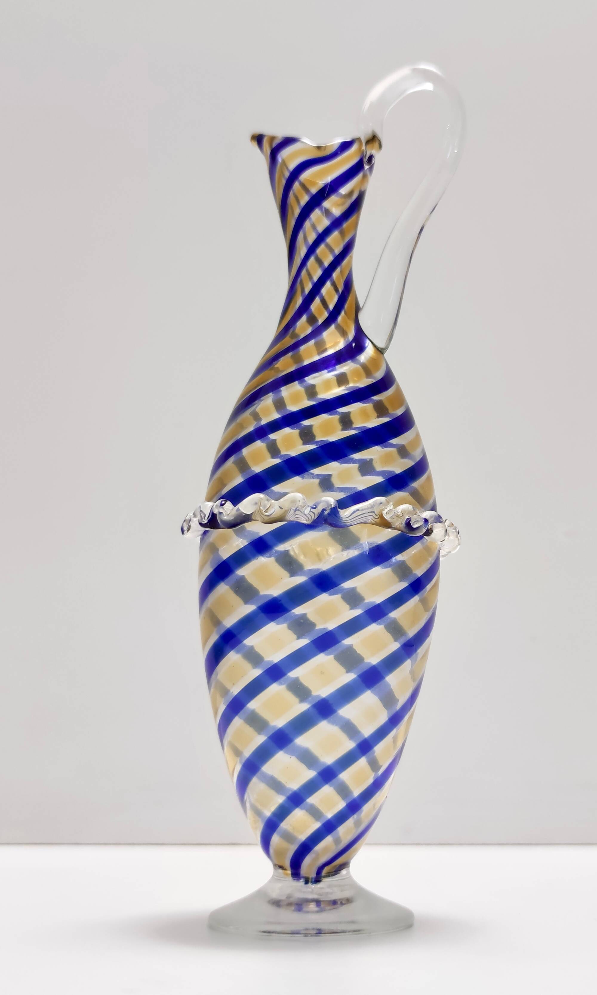 Murano Glass Pitcher Vase Ascribable to Toso with Blue and Yellow Canes