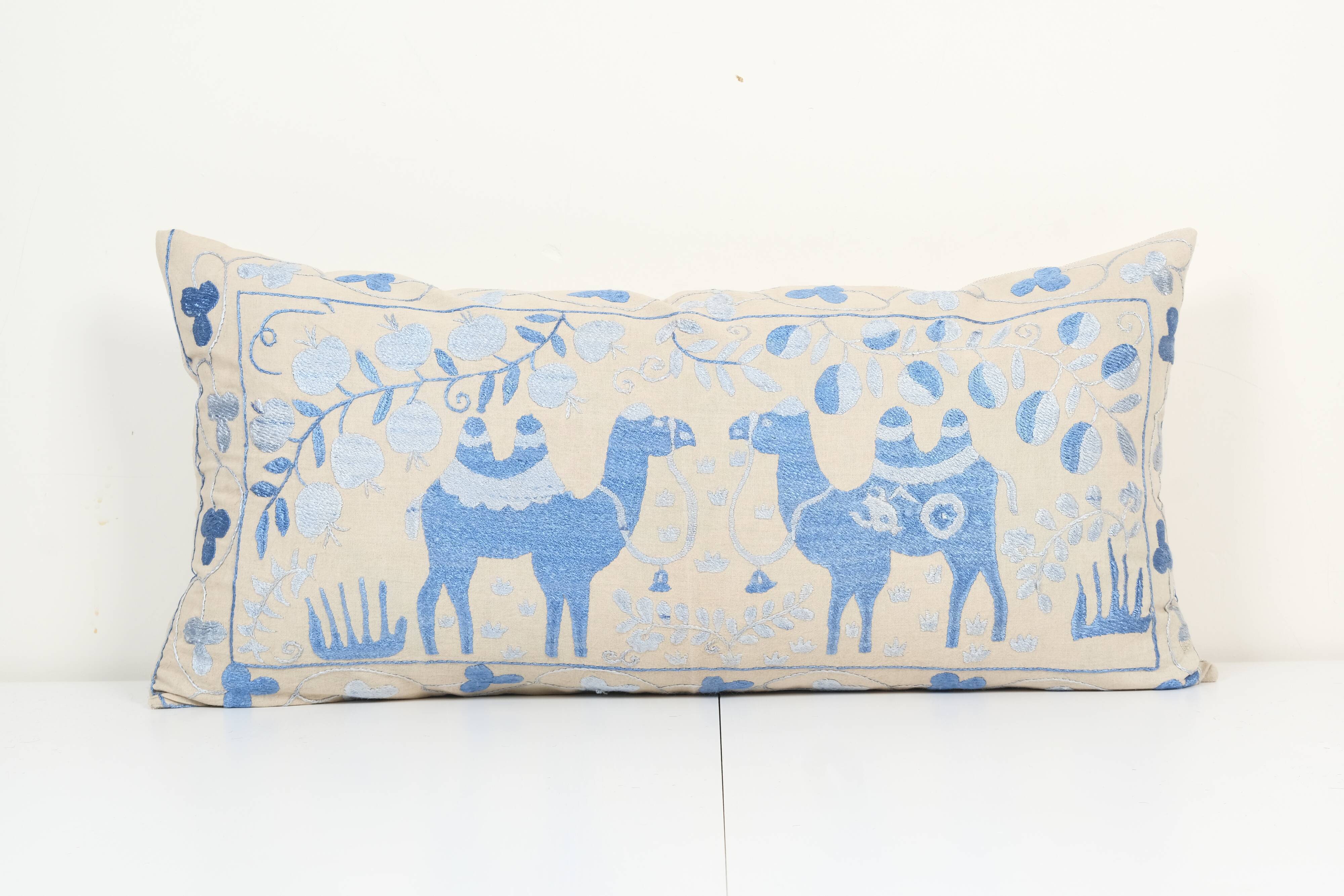 16" x 32" Vintage Animal Suzani Pillow Cover, Camel Patterns Hippie Long Cushion Cover 1960s Handmade