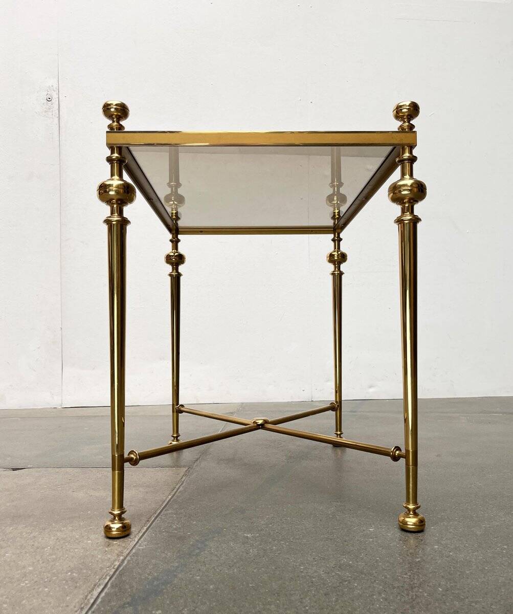 Mid-century Hollywood neoclassical brass and glass side or bedside tables attributed to Vereinigte Werkstätten, Germany, 1960s, set of 2.