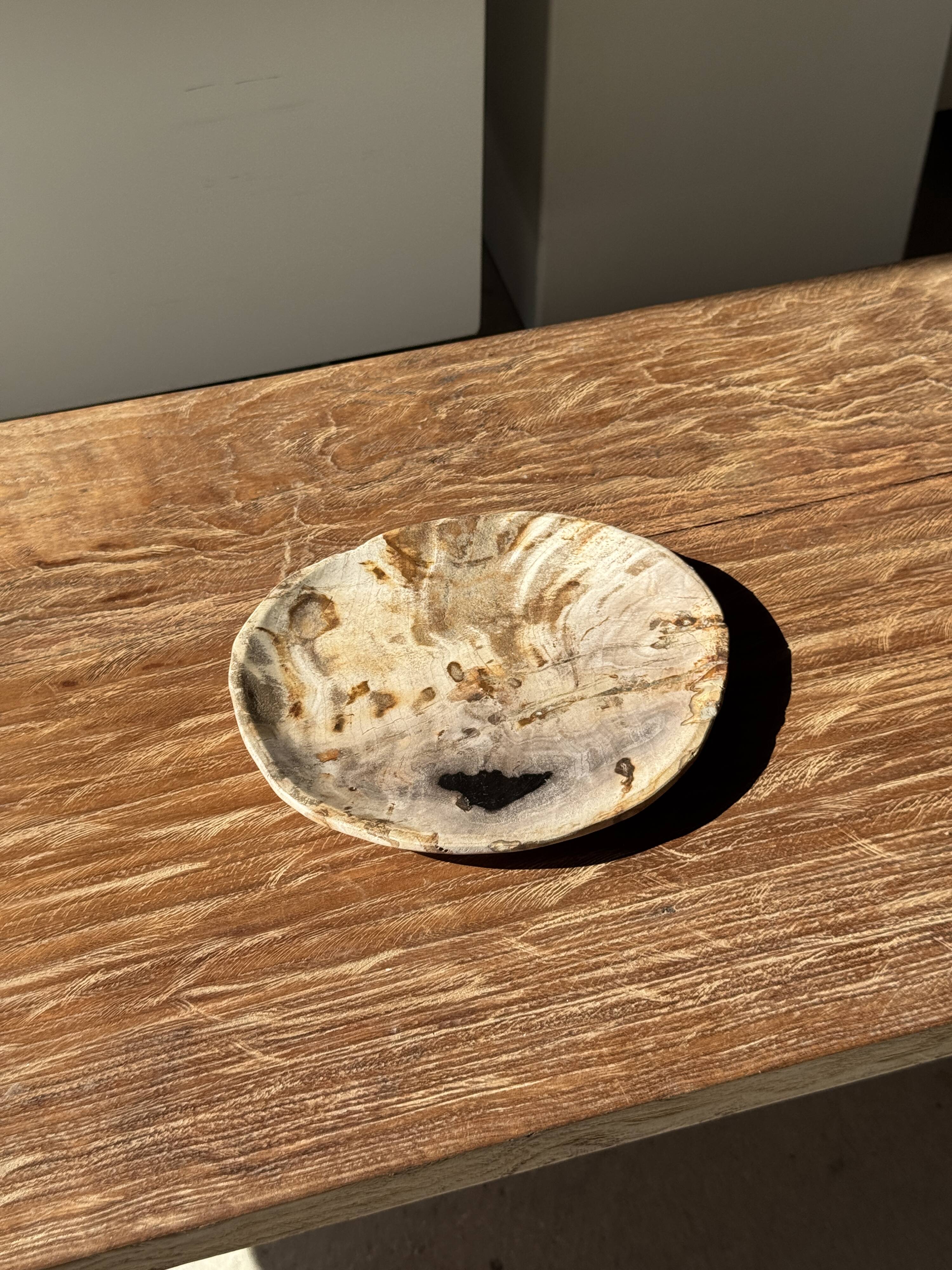 Petit vide poche ou plat en bois pétrifié beige tache noire D20x17 -3316