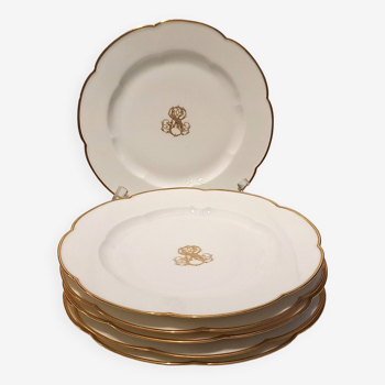 Series of 8 white Sèvres porcelain plates, with gold borders and monogram, 1880s