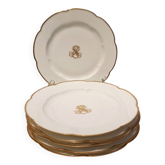 Series of 8 white Sèvres porcelain plates, with gold borders and monogram, 1880s