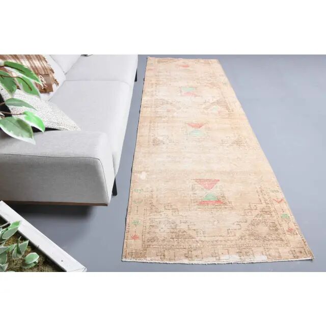 Vintage Turkish Hand-Knotted Wool Cotton Beige Runner Rug 111x305