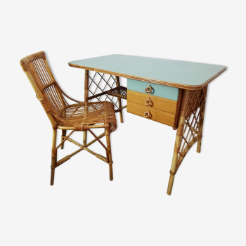 Louis Sognot desk and his rattan chair