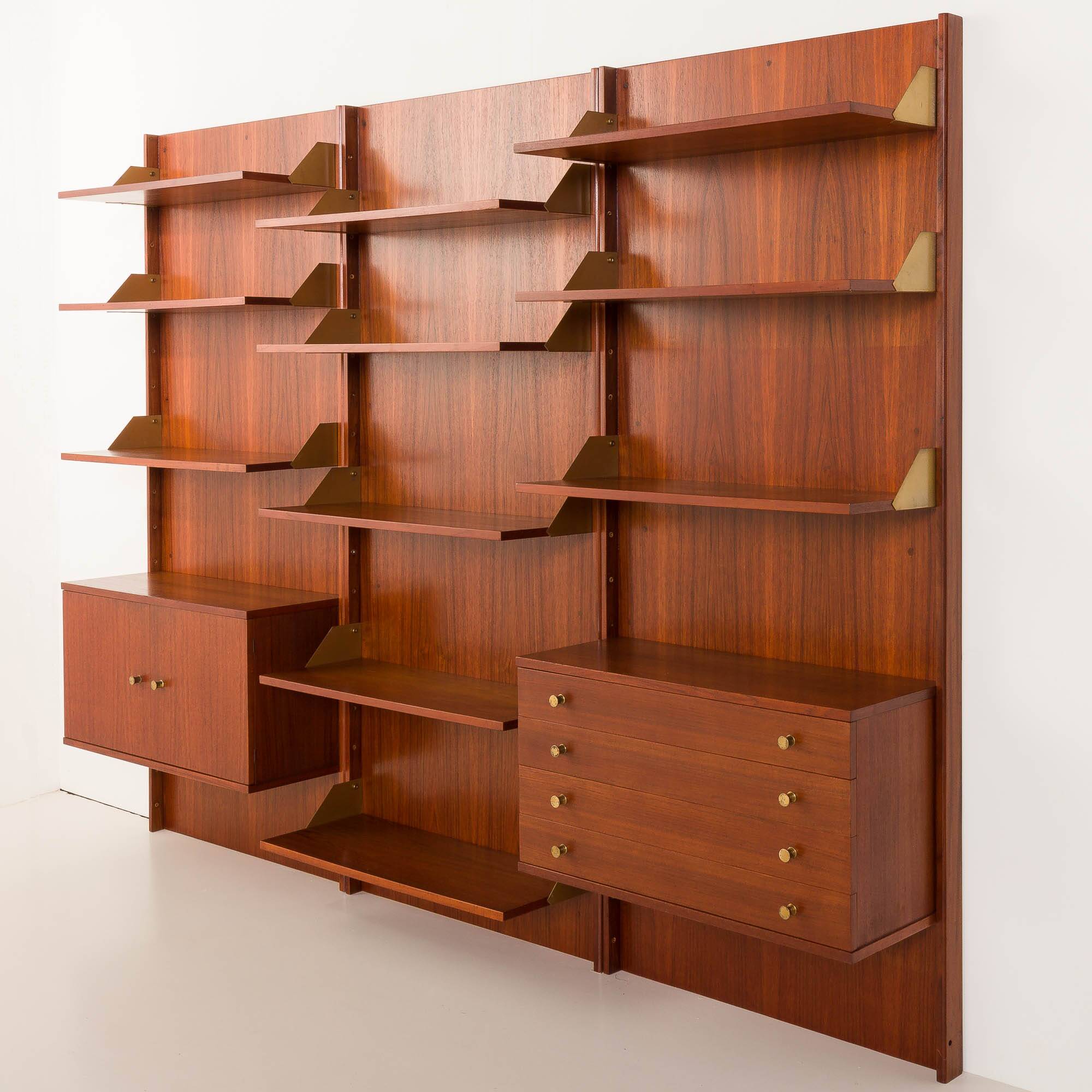 Italian mid-century teak wall unit on panels, 1970s