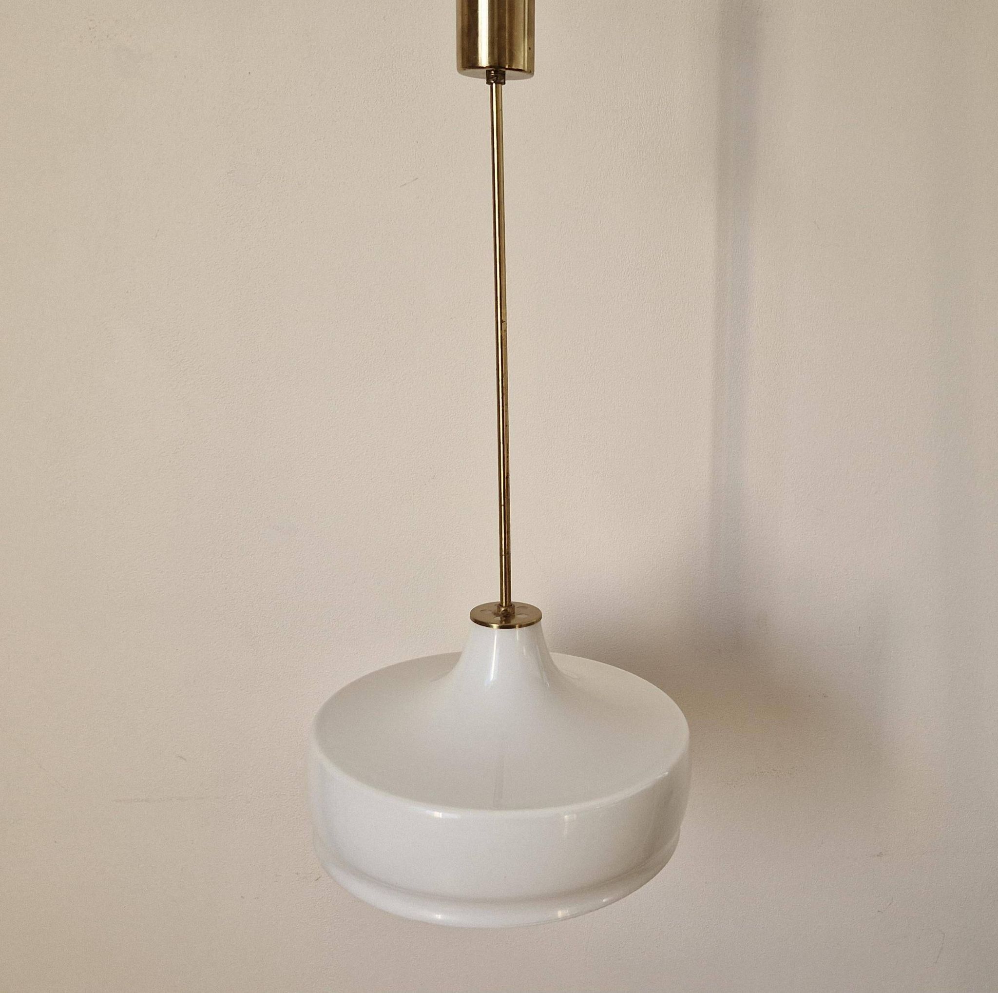 Rare Midcentury Brass and Milk Glass Pendant Kamenicky Senov, 1970s