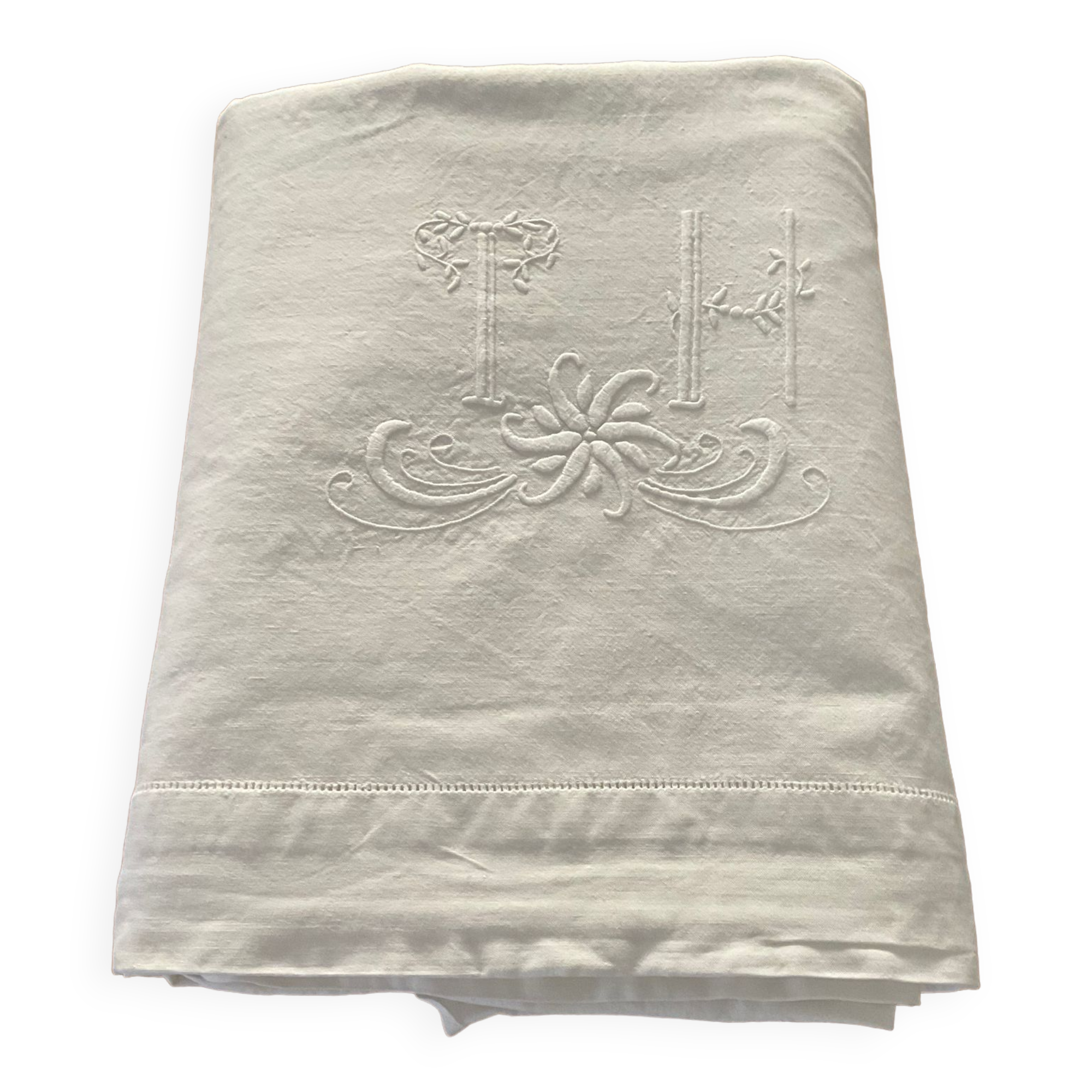Linen/cotton embroidered sheet.  Monogram TH