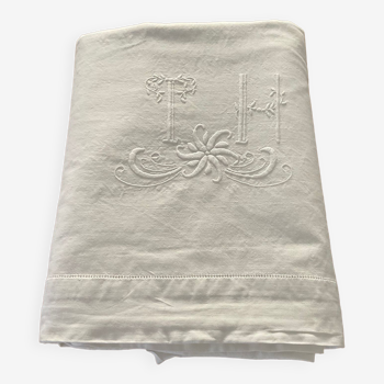 Linen/cotton embroidered sheet.  Monogram TH