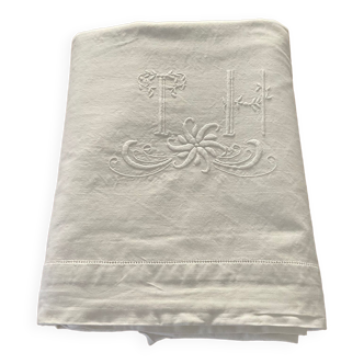 Linen/cotton embroidered sheet.  Monogram TH