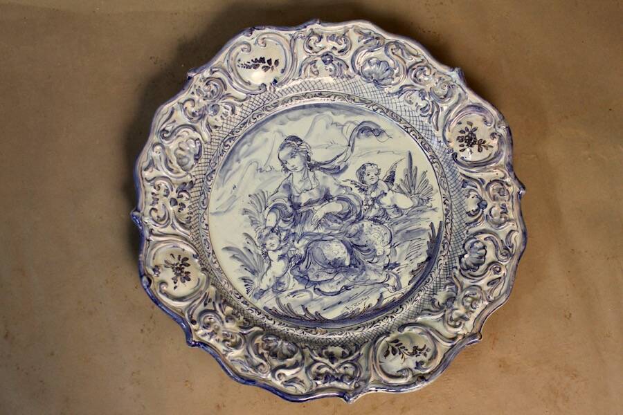 Large blue faience plate from Savona, Italy, 48 cm in diameter.