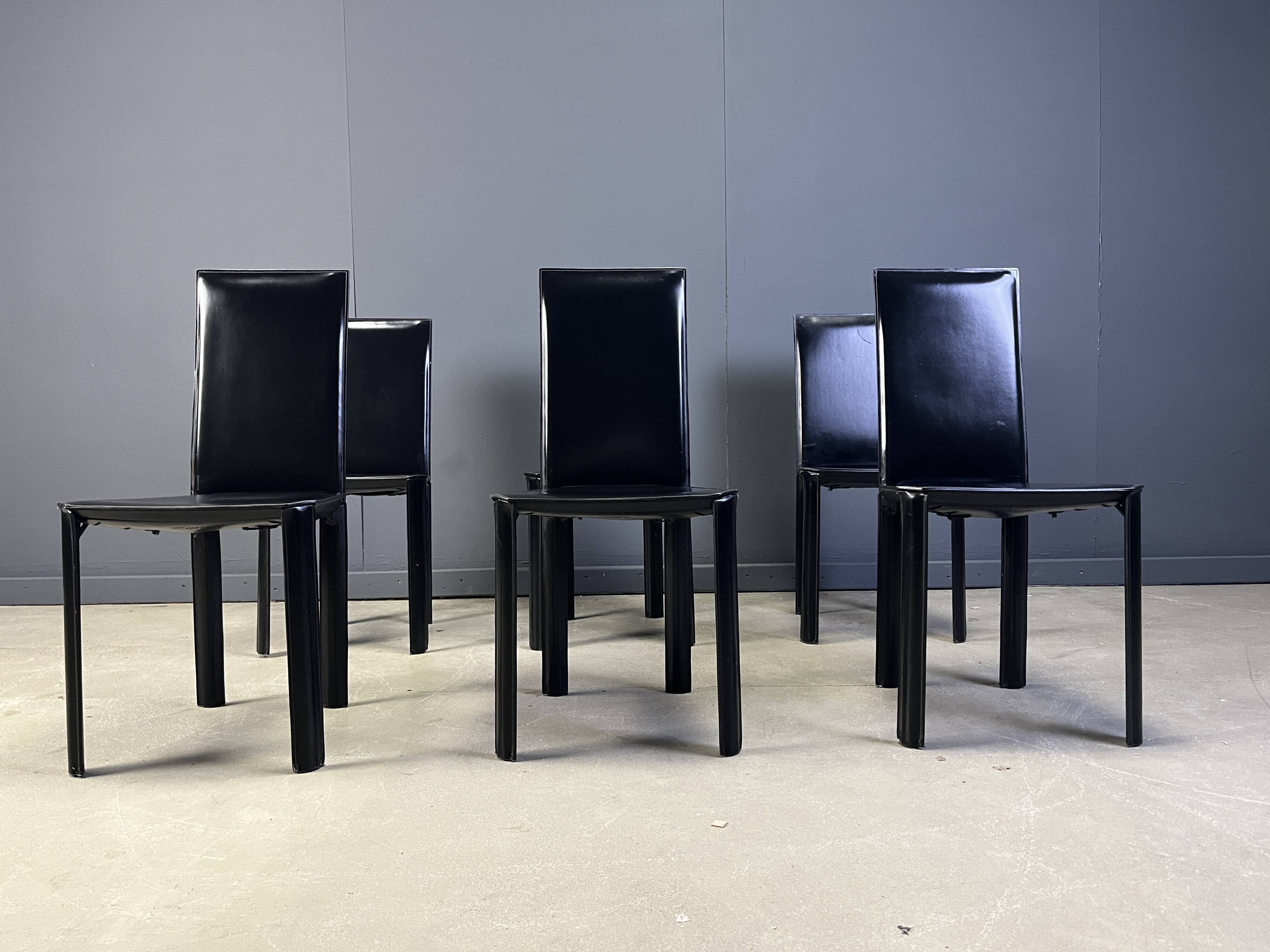 Chaises de salle à manger en cuir noir par De Couro Brazil, années 1980 - lot de 6