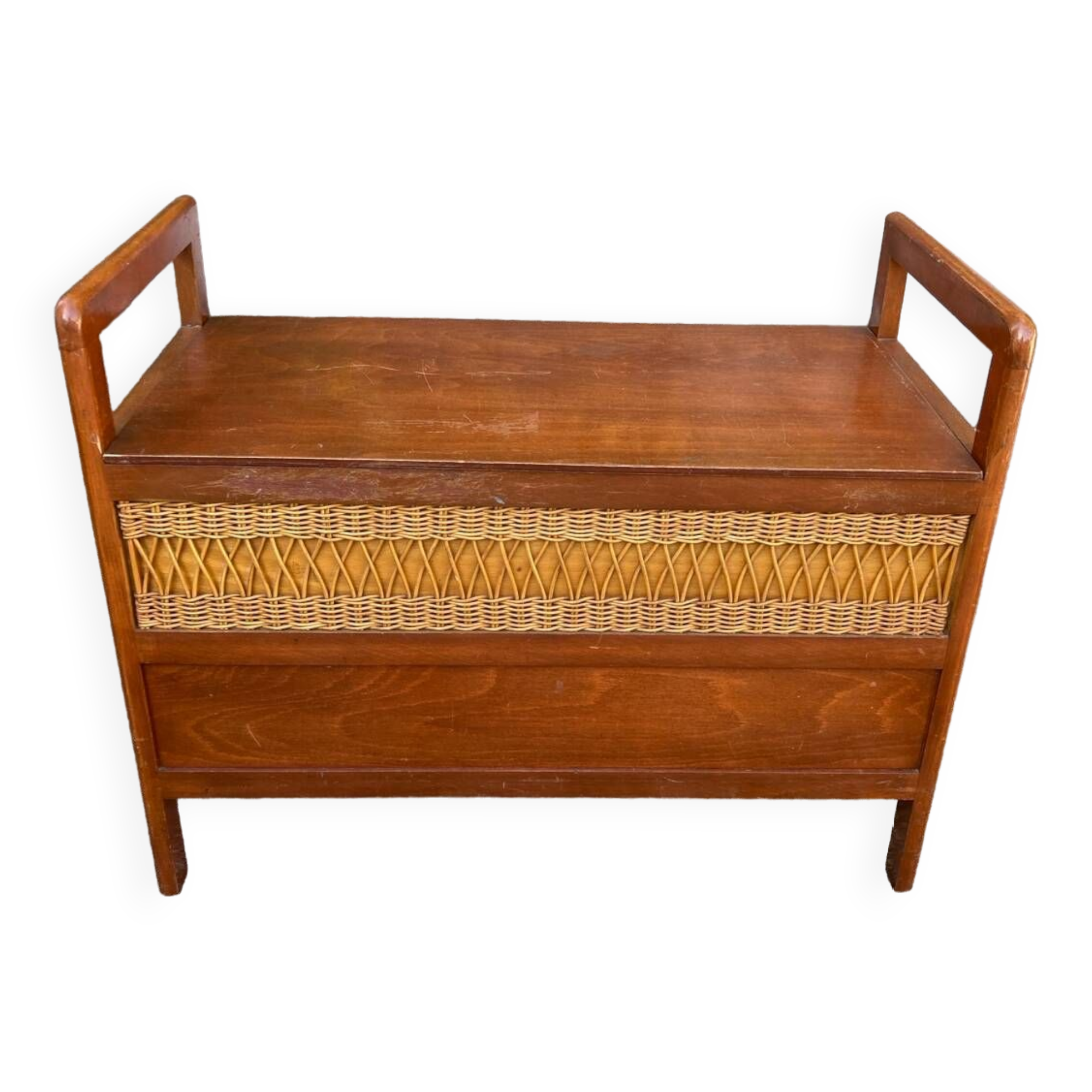 Vintage wood and rattan chest bench