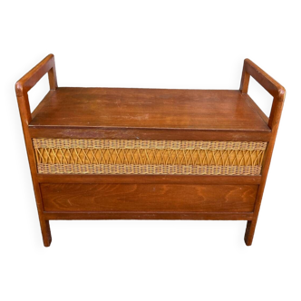 Vintage wood and rattan chest bench
