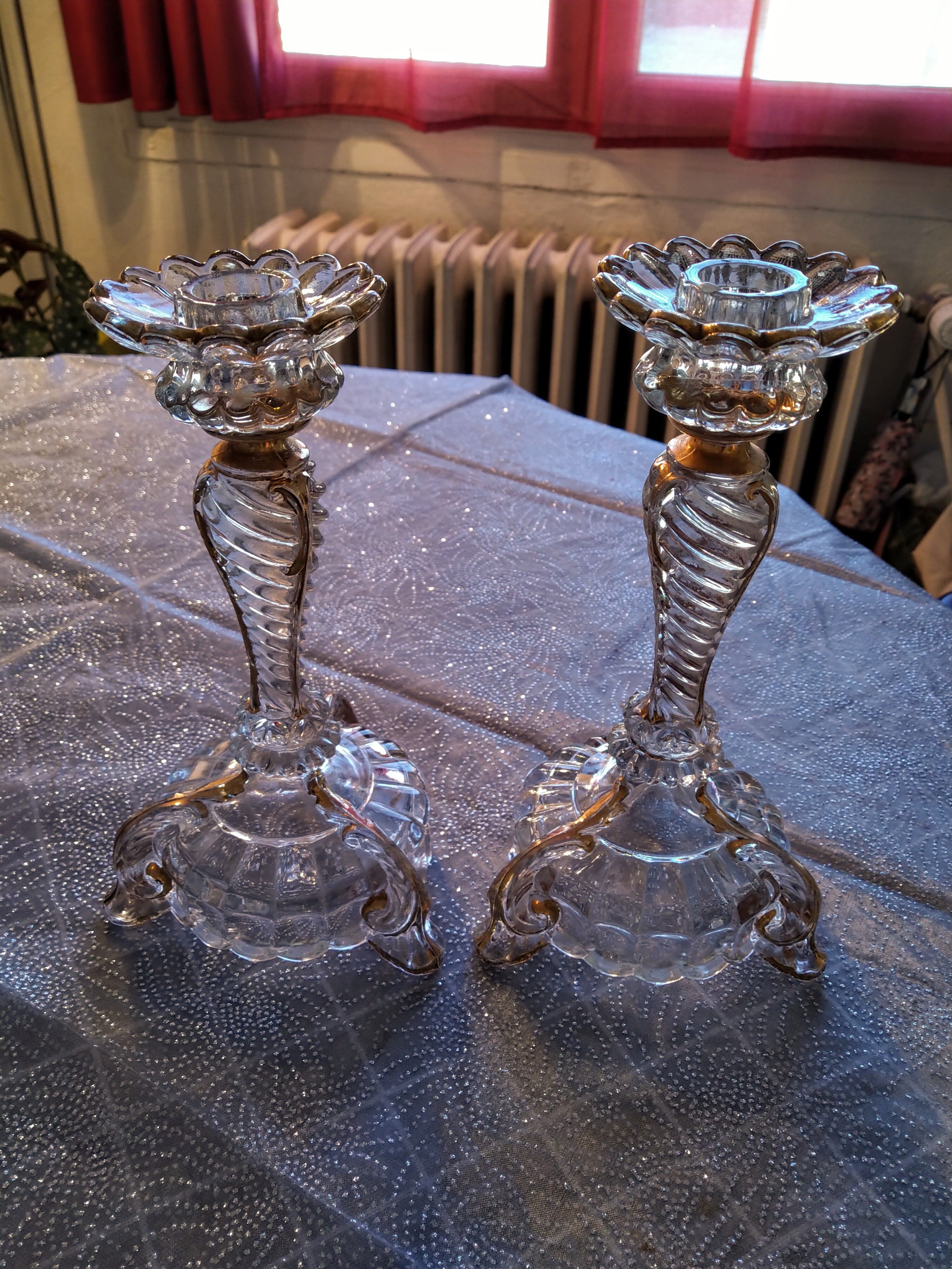 Pair of glass candlesticks and gilding