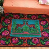 Vintage Romanian rug with deers, nature scenery on a floral background
