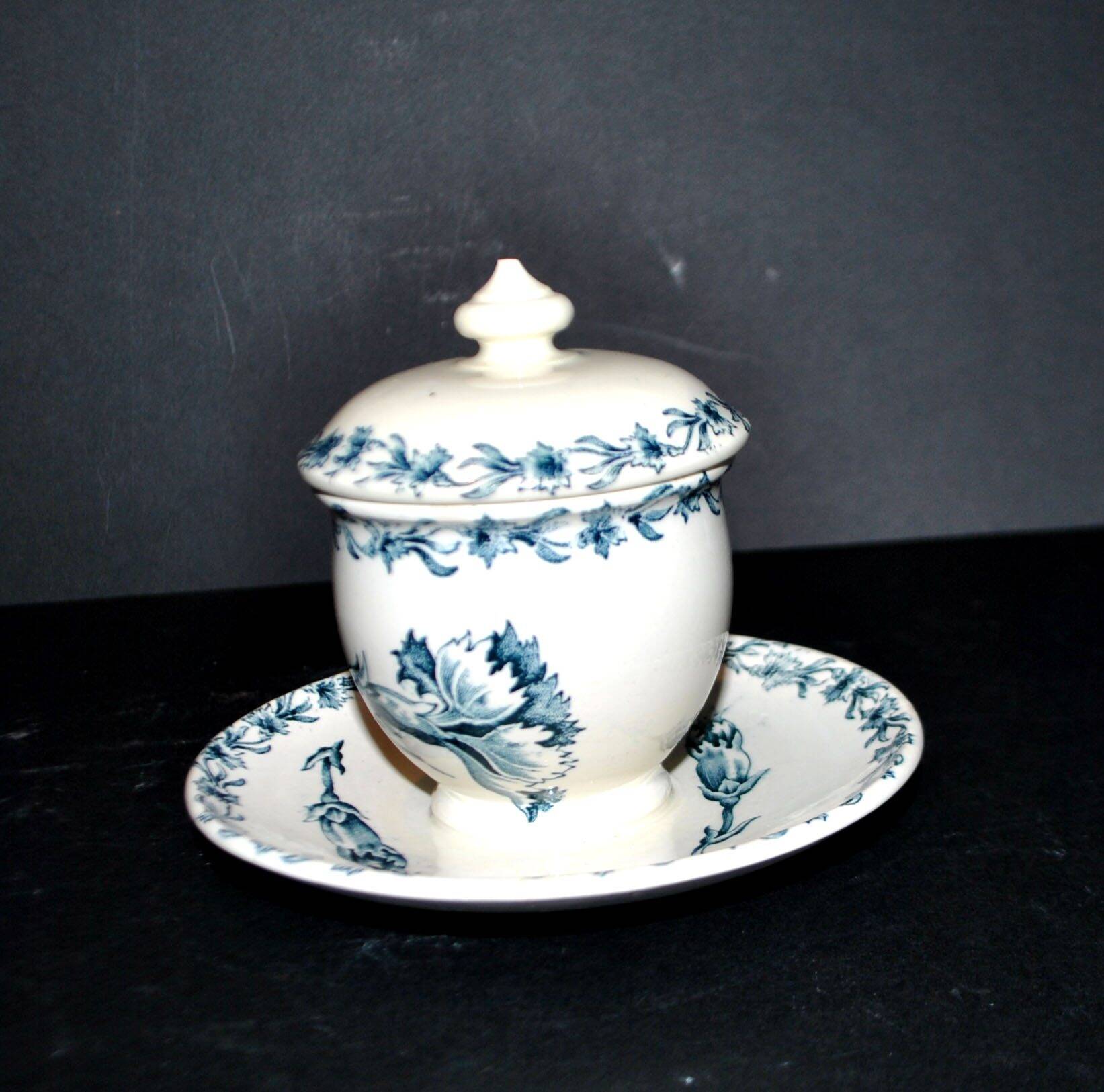 Moutardier ancien en faïence KG Lunéville décor fleuri œillet