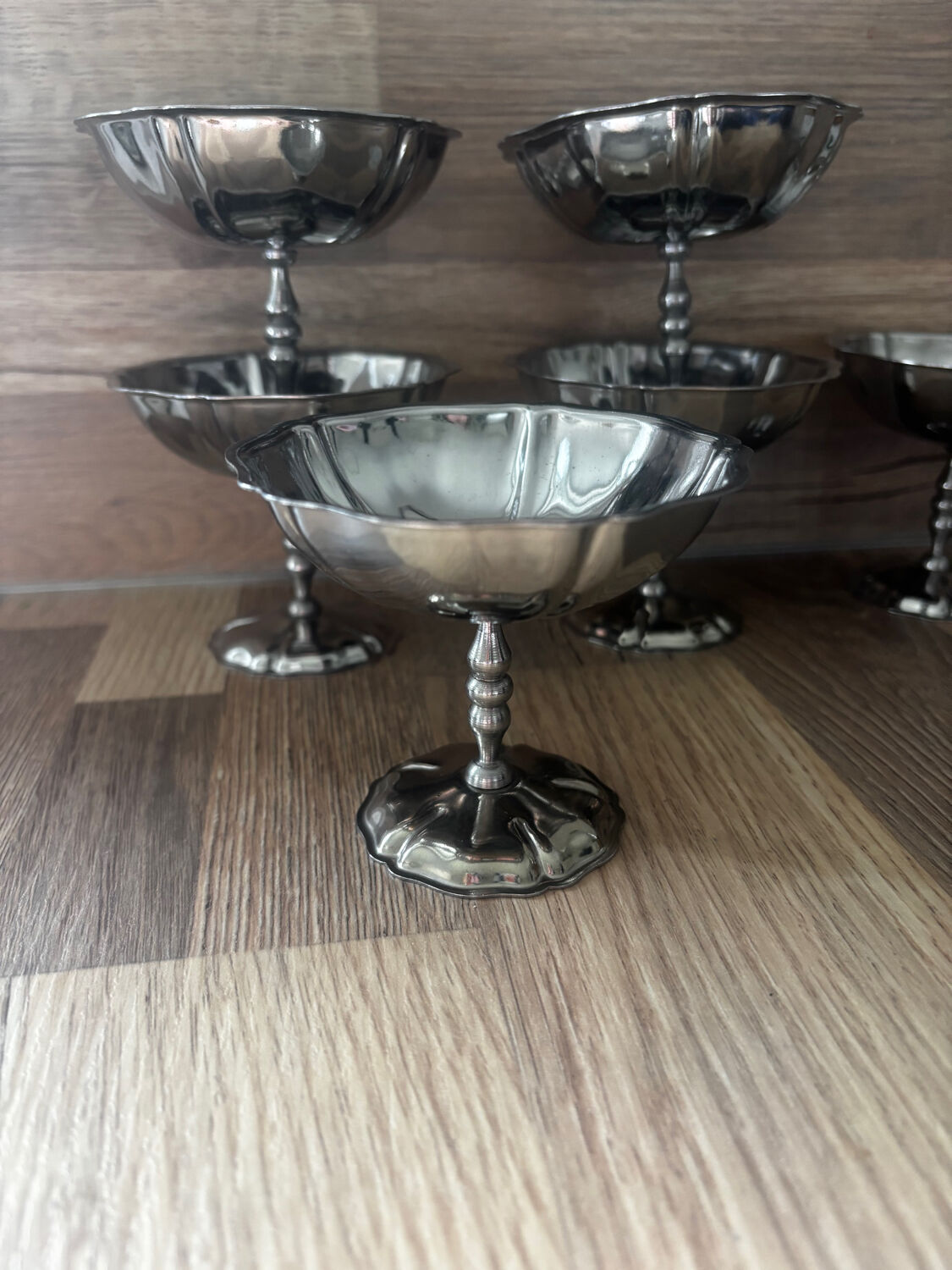 Vintage set of 6 finely engraved stainless steel bowls.