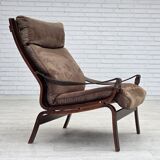1970s, Scandinavian lounge chair, nubuck leather, canvas, beech wood.