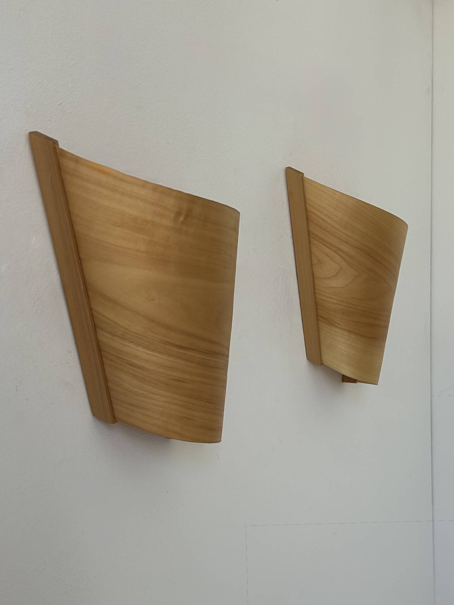 Pair of vintage wall lights, pine slats, France, 1970.
