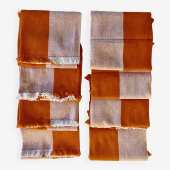 Set of 8 orange & white fringed cotton napkins - 47x47 cm - cotton
