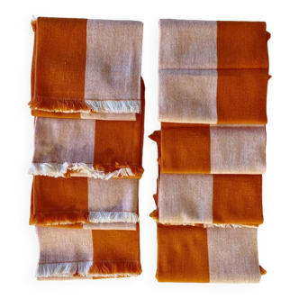 Lot de 8 serviettes coton orange & blanc frangés - 47x47 cm - coton