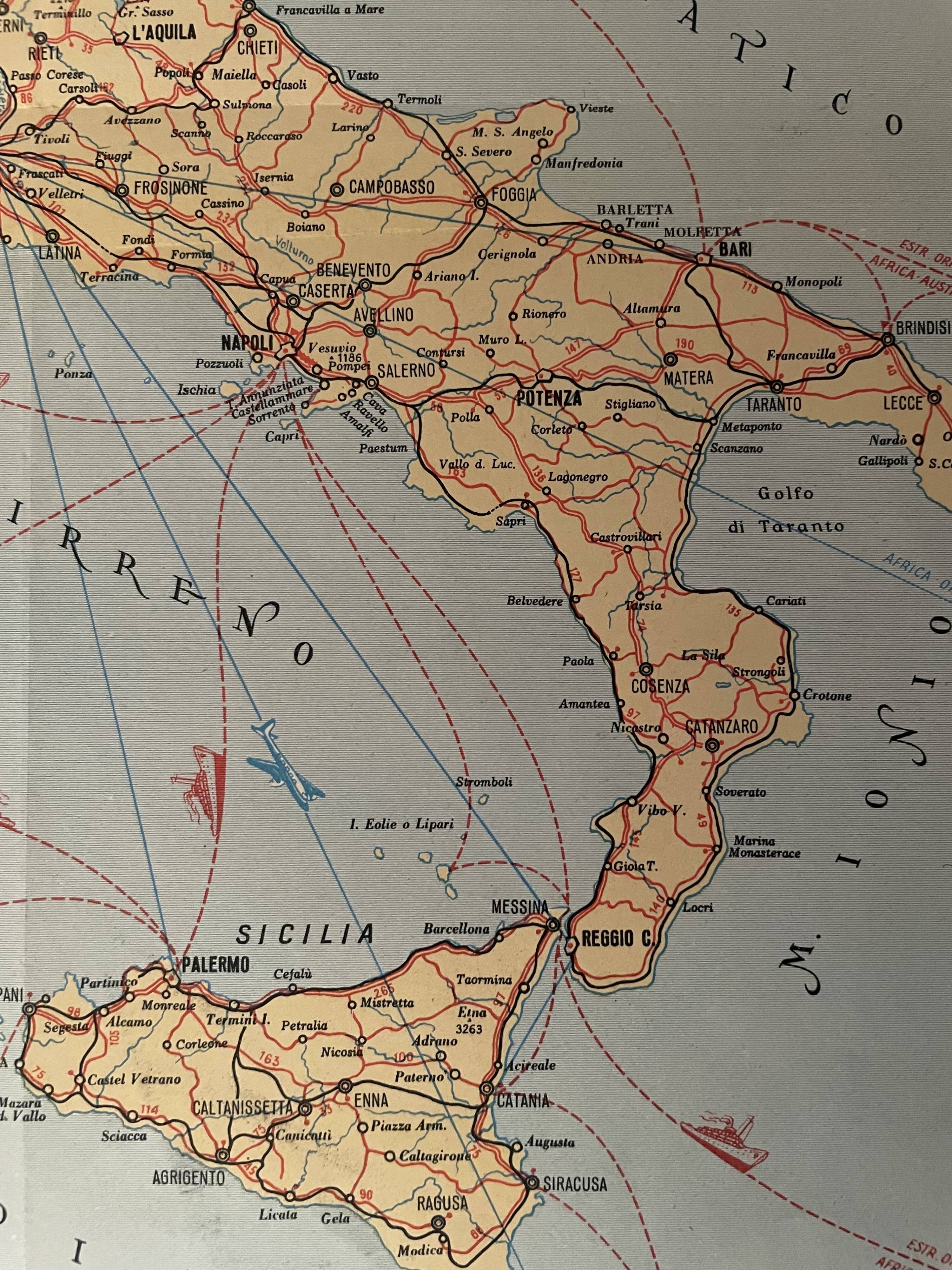 Old poster map of Italy and major twentieth-century transport routes