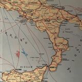 Old poster map of Italy and major twentieth-century transport routes