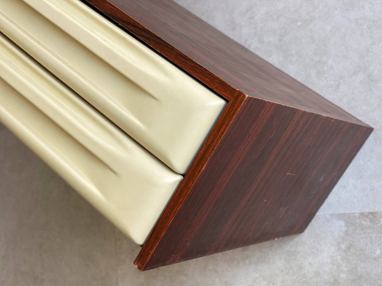 Mid Century rosewood cabinet with 2 beige plastic drawers