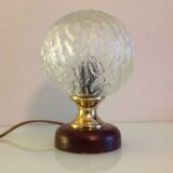 Structured glass bedside lamp and wooden foot / vintage 60s-70s