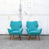 Pair of armchairs with wooden structure and padding covered in Italian fabric 50s