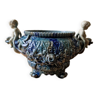 Antique Blue Decorated Cache Pot Cup with Cherub