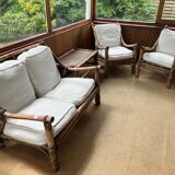 Complete bamboo rattan lounge set with armchair x2, sofa, coffee table