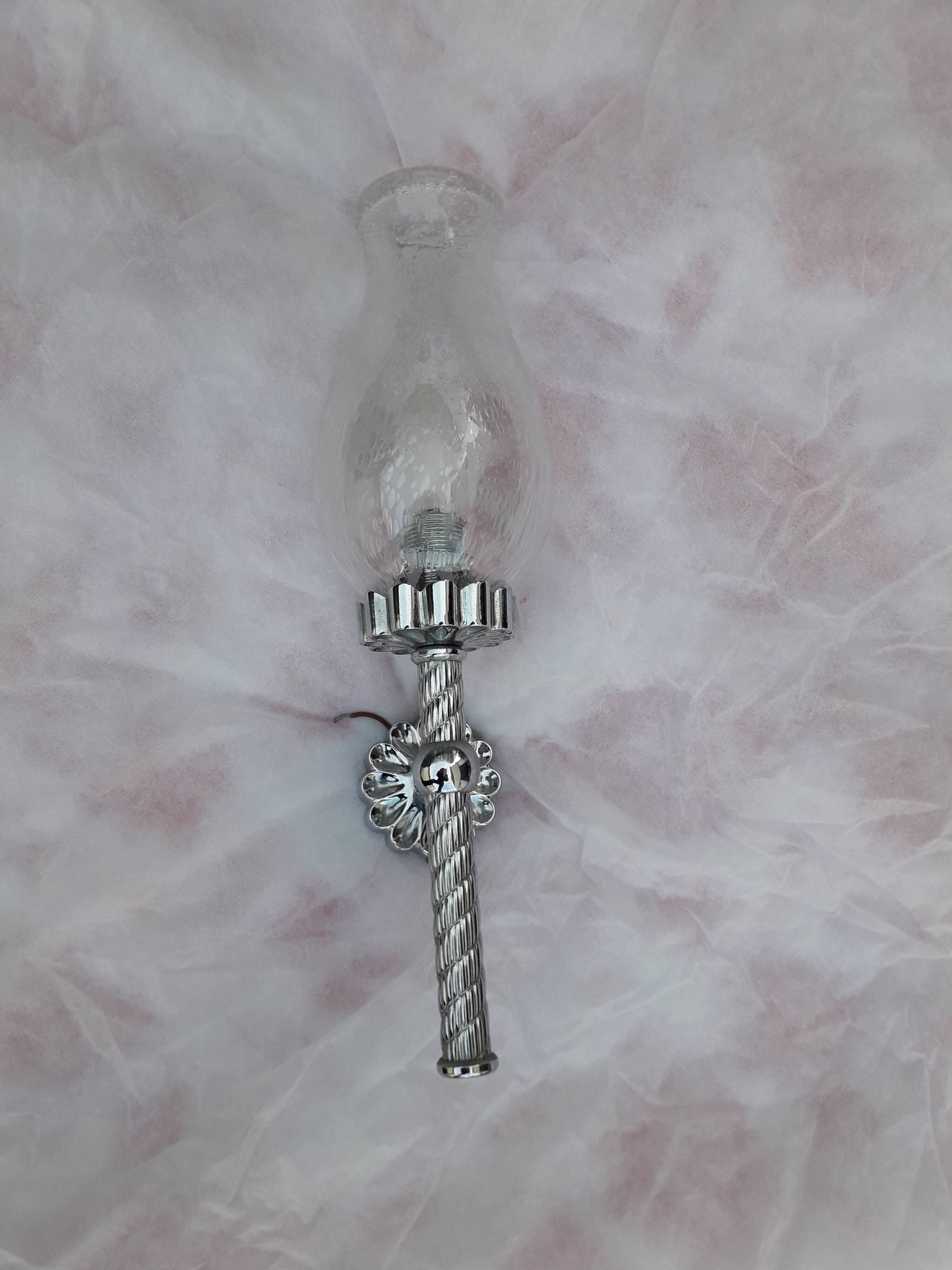 Pair of chrome and bubbled glass wall lights