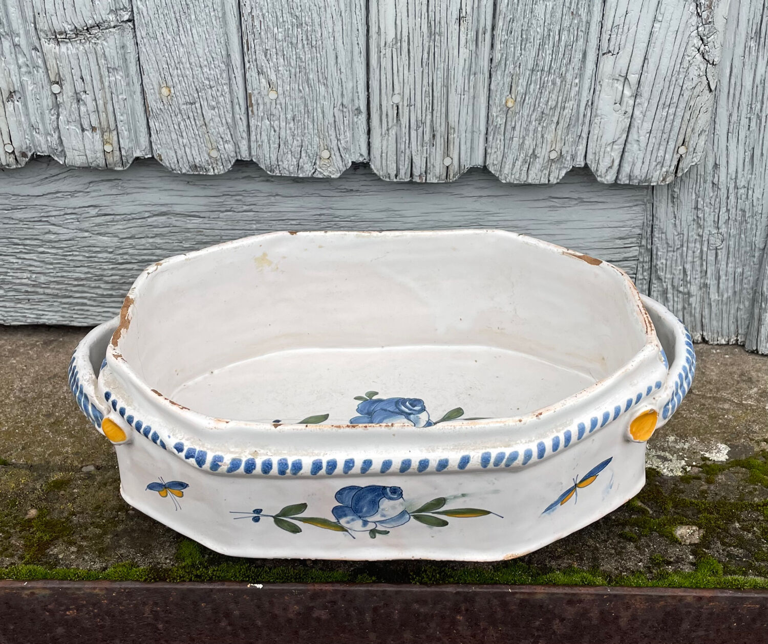 Rouen earthenware planter/cooler with flowers and foliage, 18th century