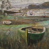 Oil on canvas by R. Queïnnec landscape with boats 20th century