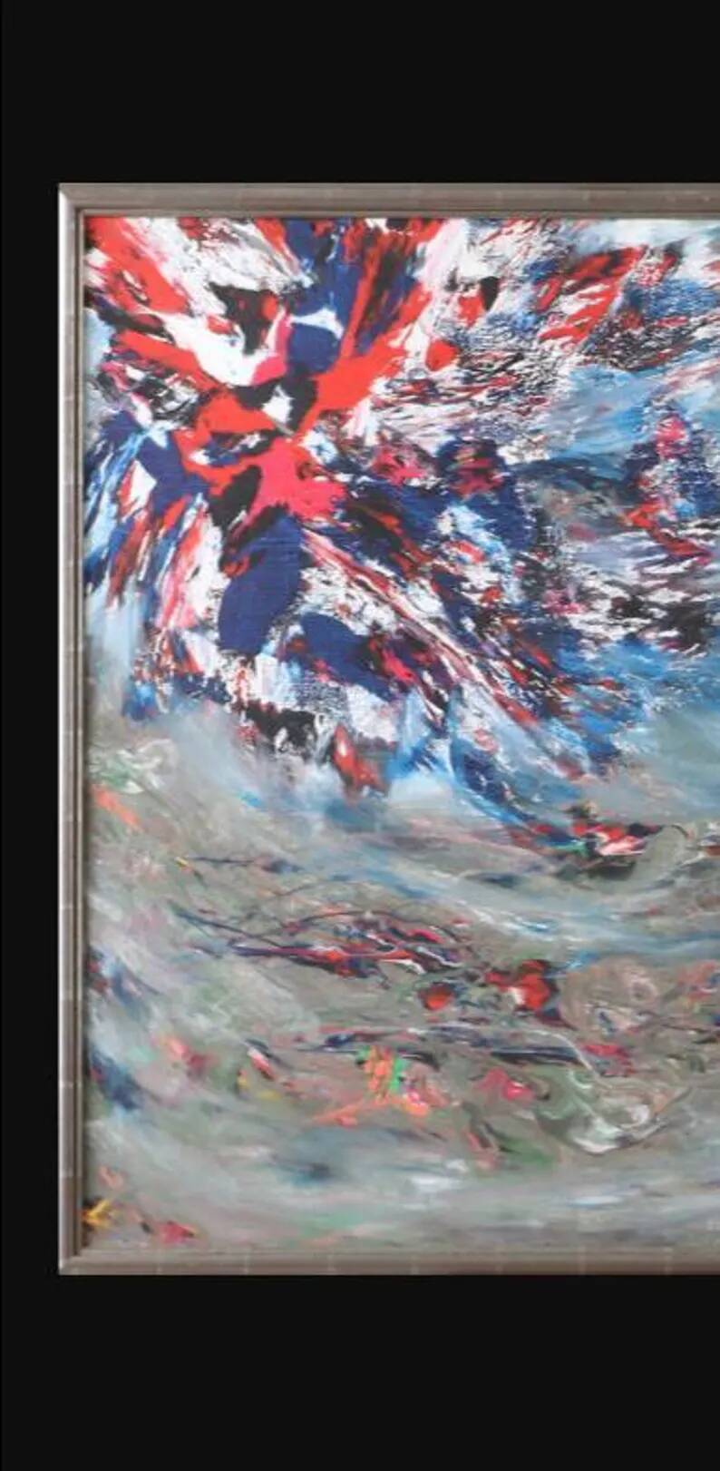 Huile sur toile originale suédoise – "Composition" par Keiko Ryu – Signée – Vintage et encadrée