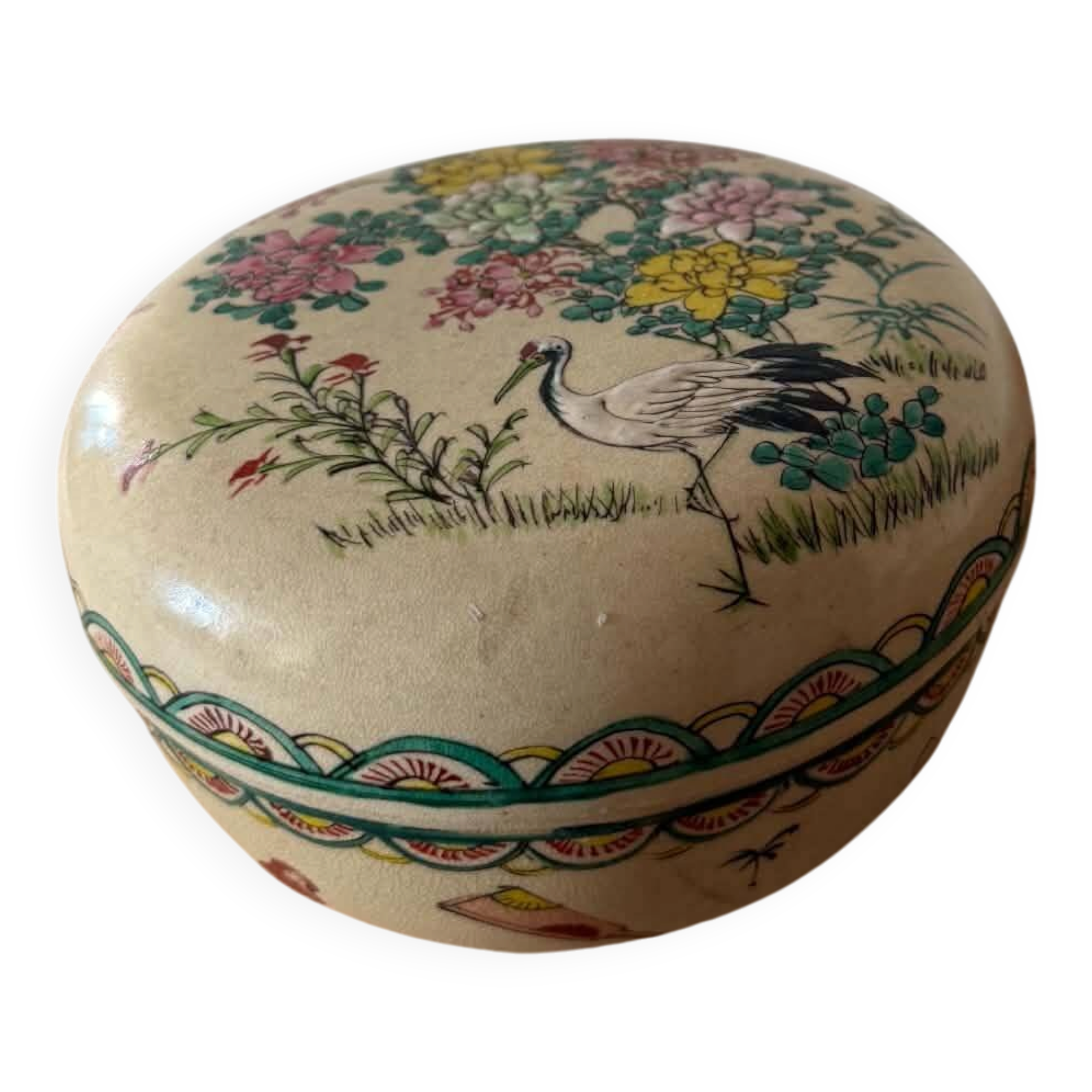 Japanese covered Satsuma ceramic box – heron and flowers decoration – signed