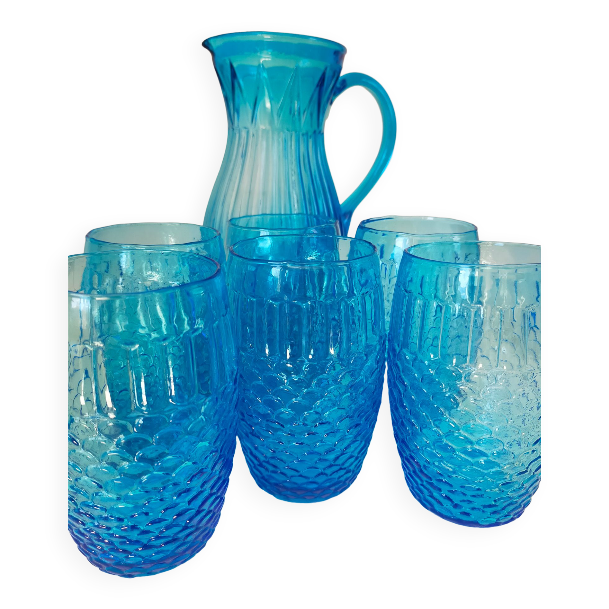 Vintage Art Deco blue molded glass orangeade set, pitcher and 6 glasses